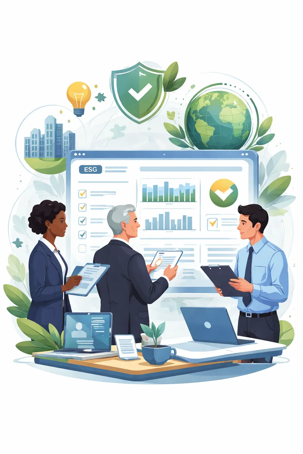 Digital illustration of consultants reviewing dashboards, checklists, and sustainability symbols for ESG reporting consulting.