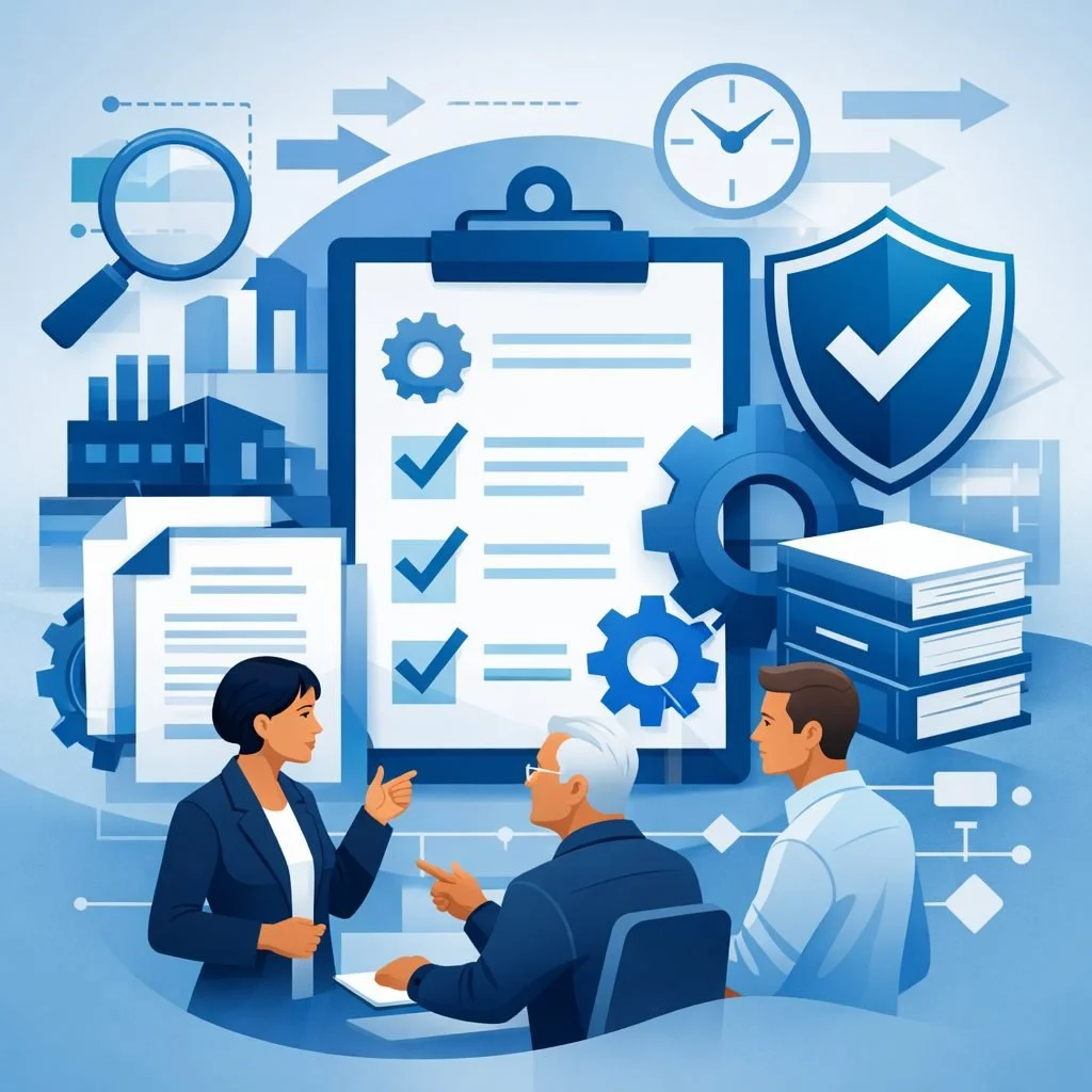 Digital illustration of structured documents, checklist clipboard, gears, and shield representing ISO 9001 documentation requirements within a quality management system.