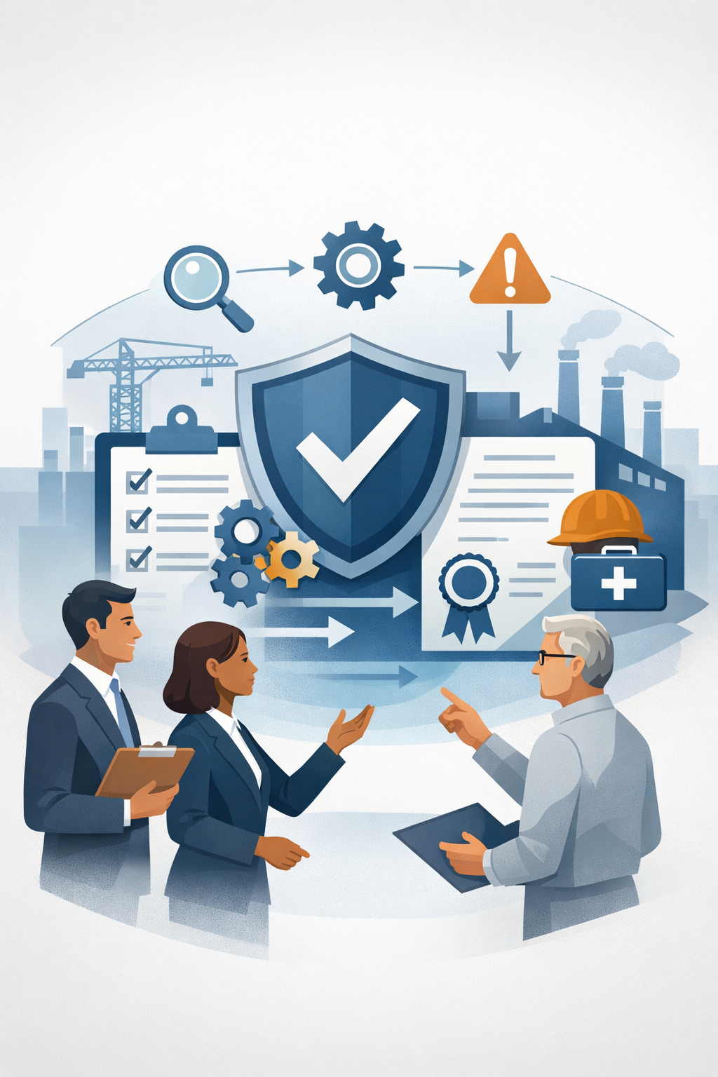 Digital illustration of auditors reviewing safety documentation with shield and industrial symbols representing ISO 45001 accredited certification bodies and workplace safety systems.