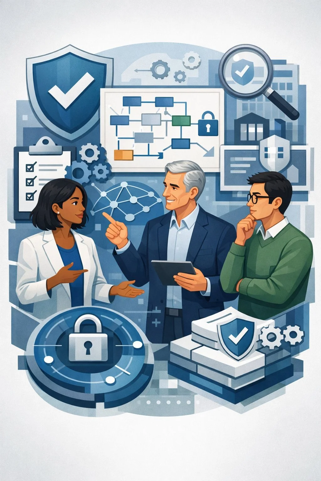 Digital illustration of diverse consultants reviewing cybersecurity controls with shield, network nodes, lock, and process diagrams representing ISO 27001 consulting and information security governance.