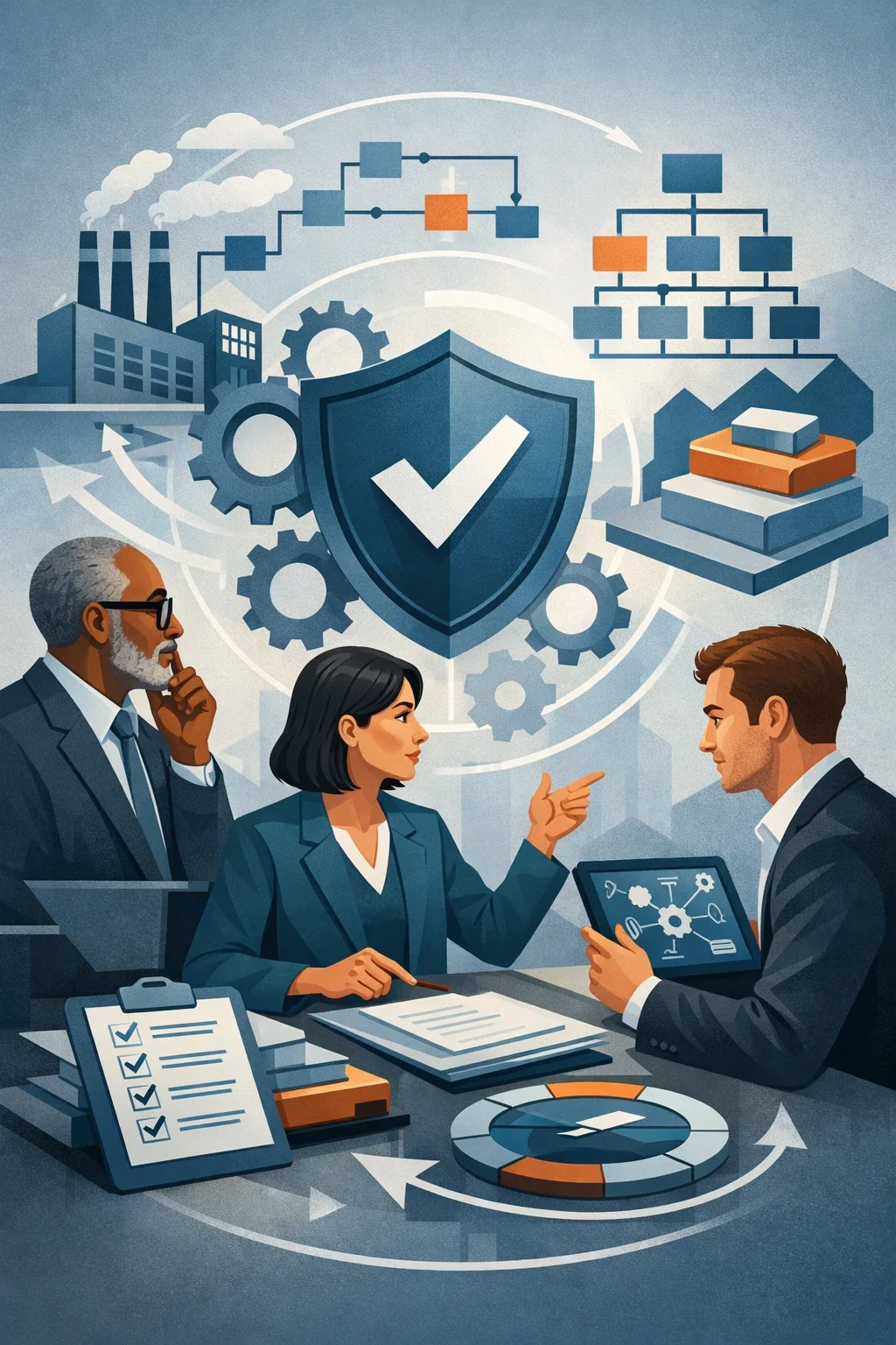 Digital illustration of professionals reviewing governance frameworks with shield, gears, and organizational structures representing corporate governance consulting and oversight systems.