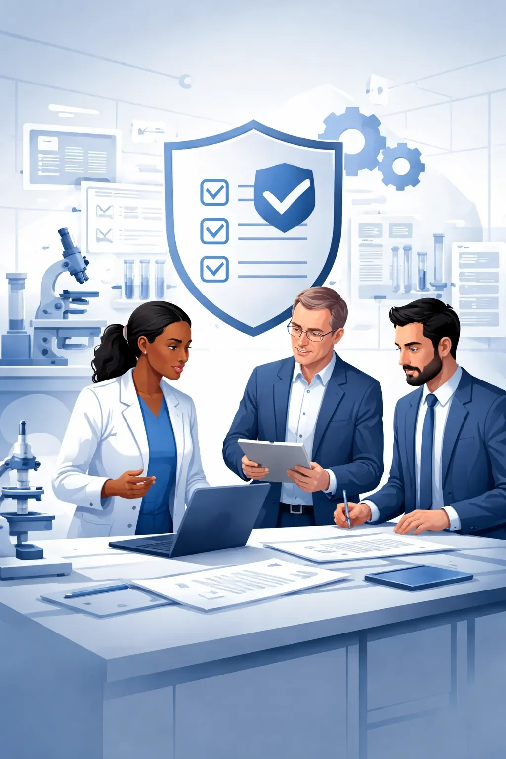 Digital illustration of diverse laboratory professionals reviewing structured processes with shield and checklist symbols representing lab accreditation consulting.
