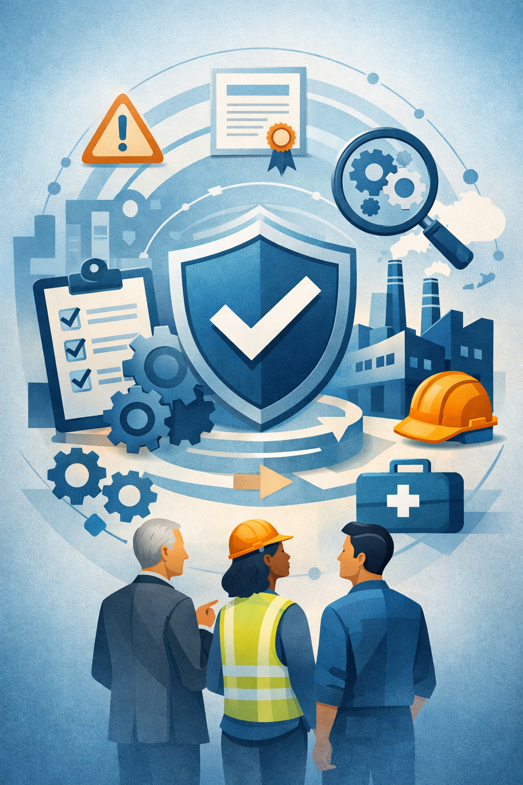 Digital illustration of professionals reviewing a shield, checklist, and factory safety symbols representing the ISO 45001 certification process for occupational health and safety systems.