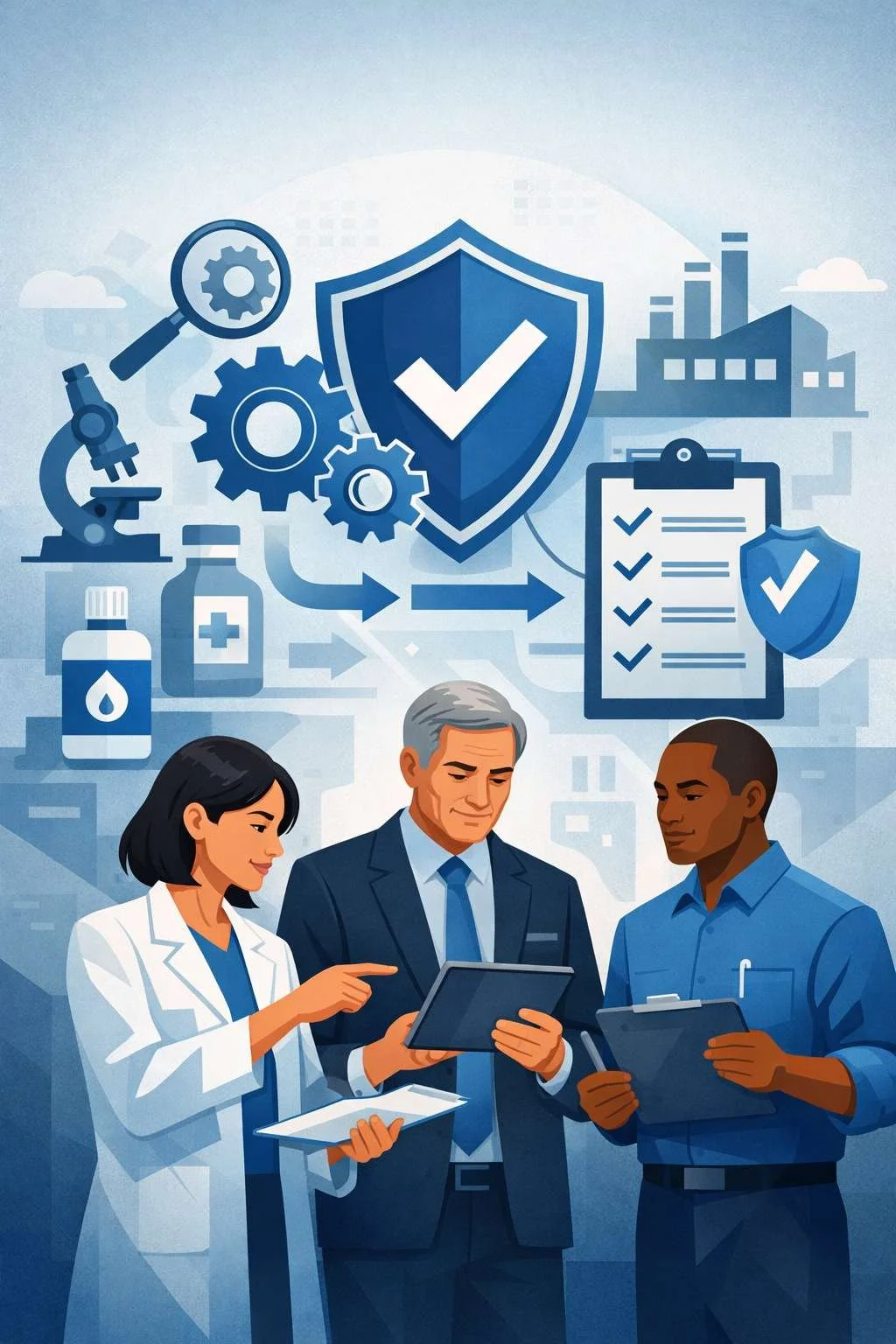Digital illustration of medical device professionals reviewing a quality system with shield, gears, checklist, and laboratory symbols representing ISO 13485 consulting and medical device QMS compliance.