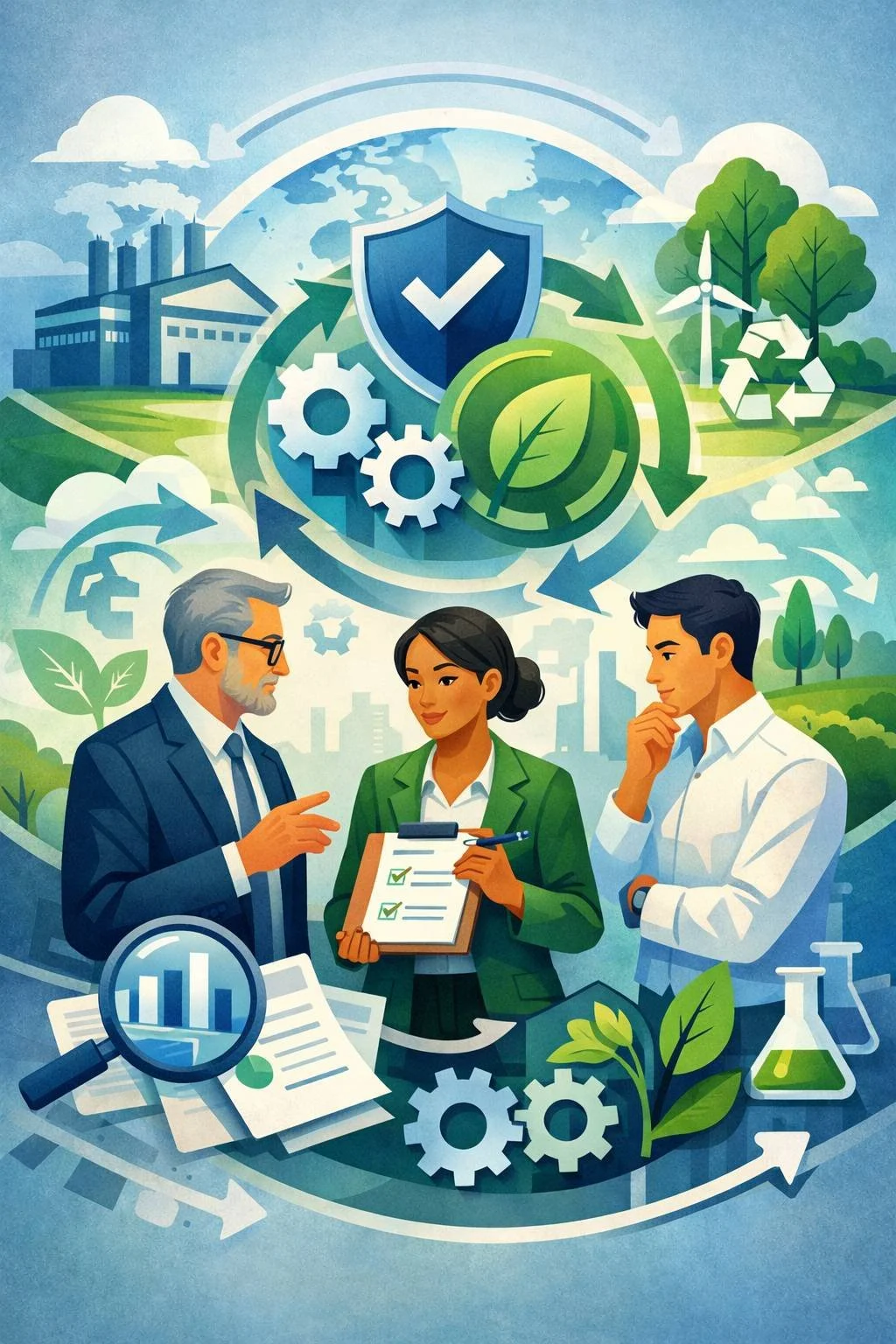 Digital illustration of environmental management consulting with shield validation symbol, factory landscape, sustainability icons, and diverse advisors reviewing a structured system plan.