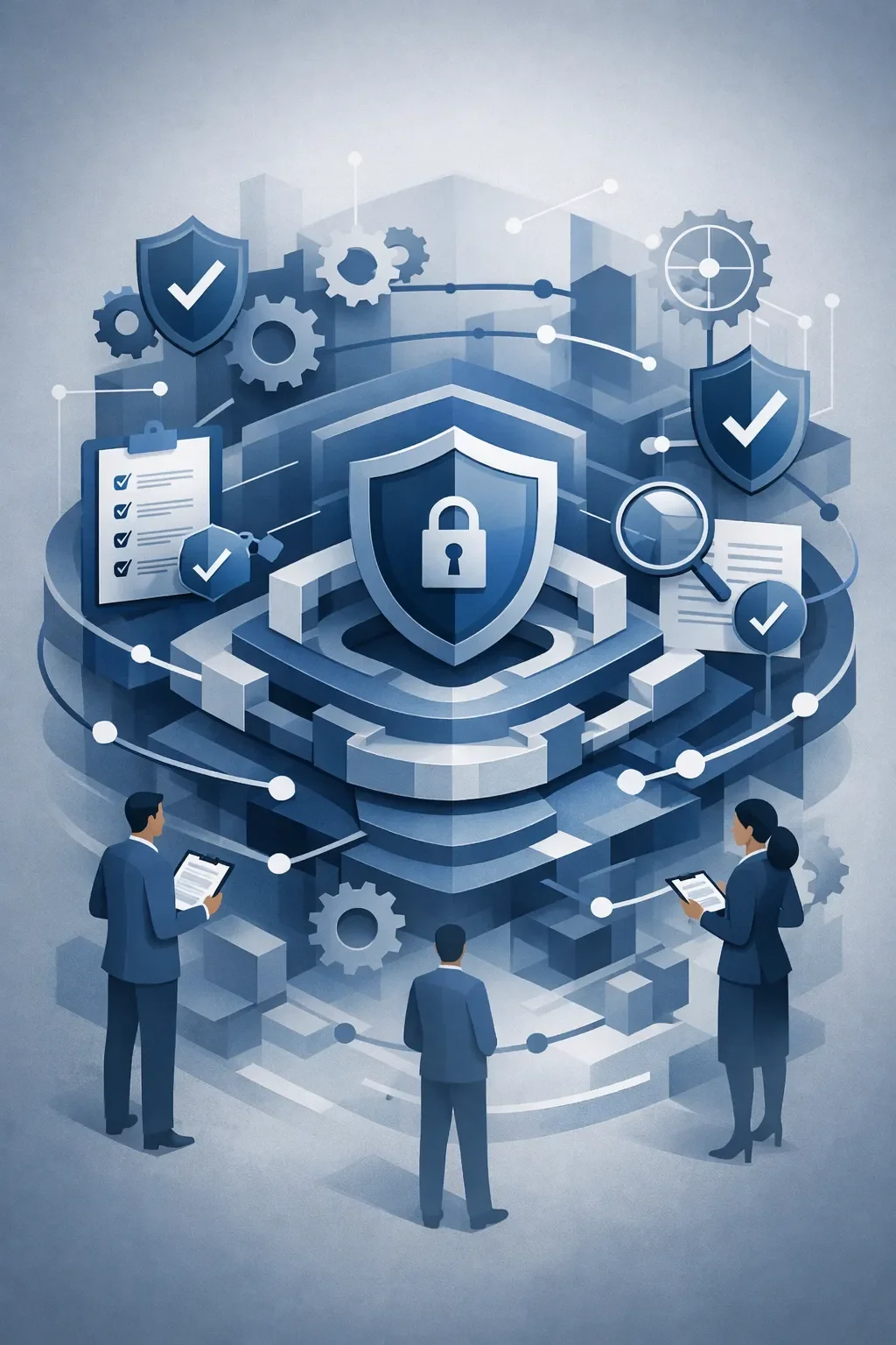 Abstract compliance system with layered controls, central shield, interconnected processes, and audit elements illustrating structured governance framework.