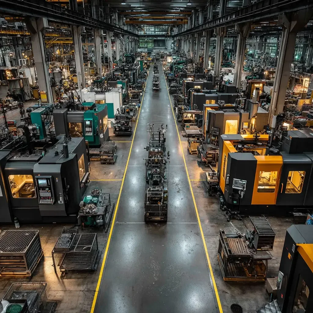 Aerial view of an organized precision manufacturing facility with CNC machining centers in ordered rows, representing quality management systems for manufacturing organizations