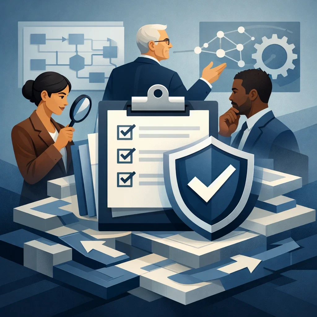 Digital illustration of a virtual compliance officer overseeing structured governance with shield, checklist, and process flow elements in a professional setting.