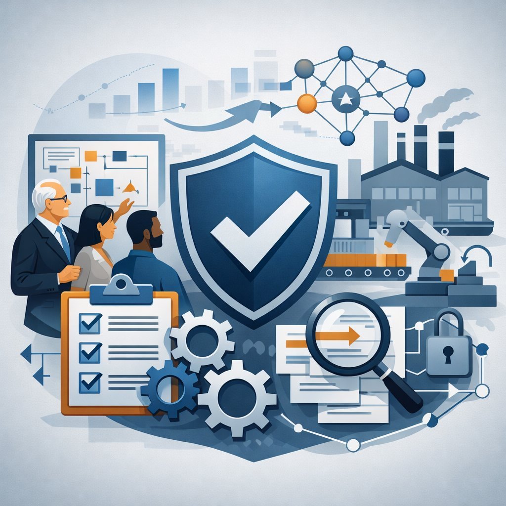 Digital illustration of a shield with checkmark, gears, clipboard, and factory processes representing ISO 9001 Clause 8 operational control and structured production management.
