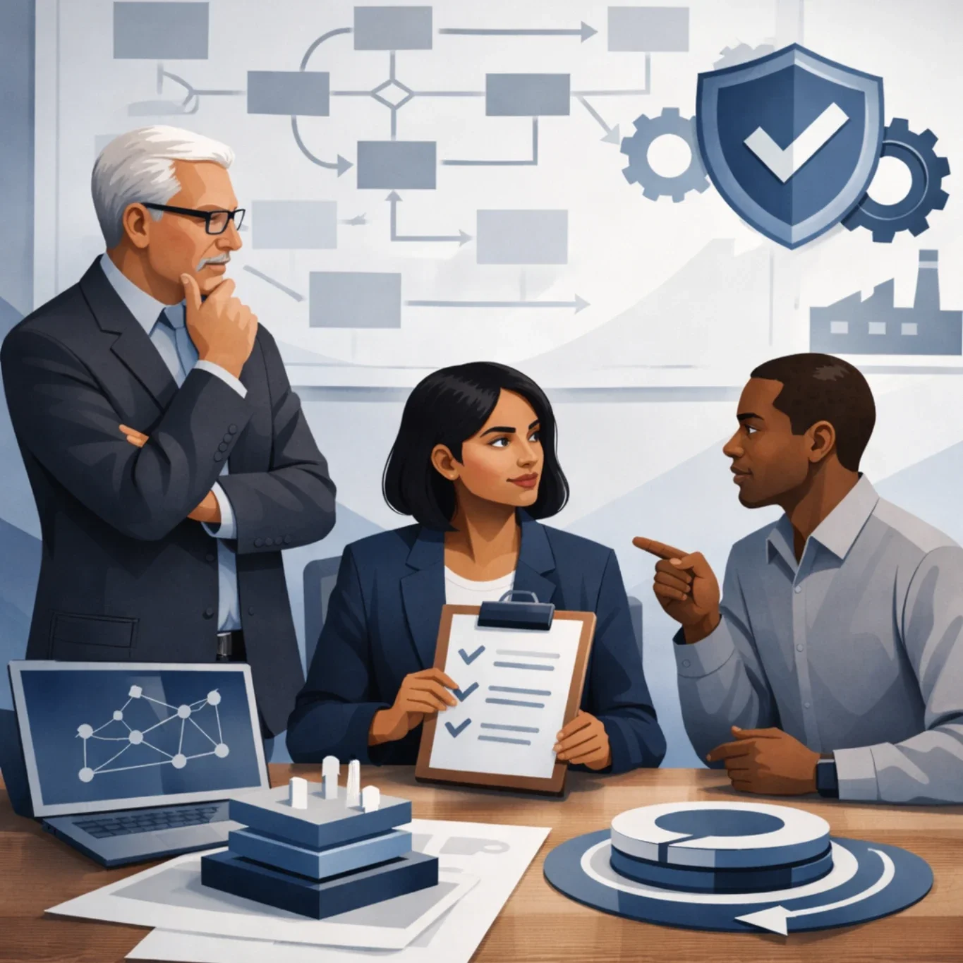 Square digital illustration of professionals reviewing a checklist and workflow diagram, representing a structured regulatory compliance program.