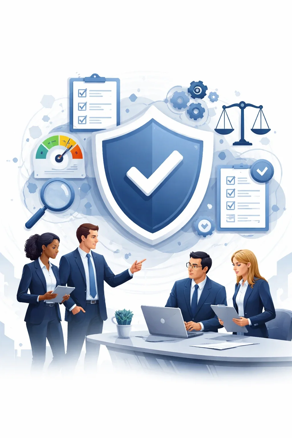 Digital illustration showing professionals analyzing governance risk and compliance systems with shield, gears, and oversight symbols representing structured enterprise GRC frameworks.