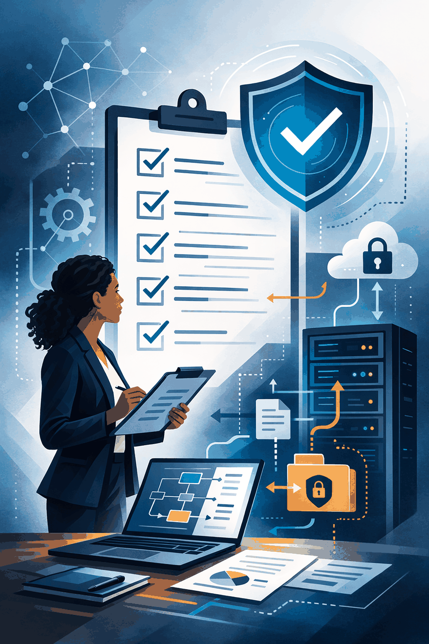 CMMC compliance assessment illustration showing cybersecurity audit review with shield, checklist, secure server infrastructure, and structured data protection workflow in a professional consulting environment.