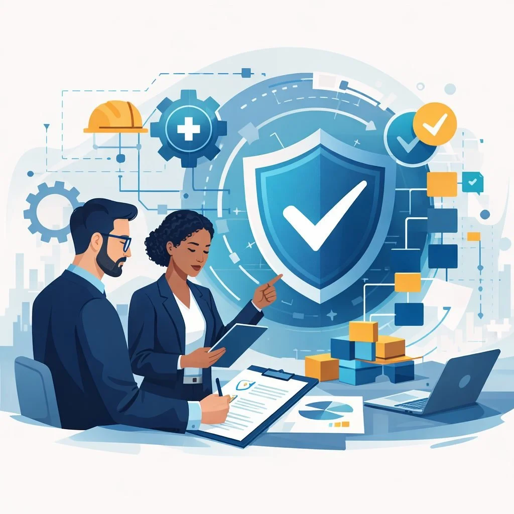 Digital illustration of consultants reviewing a safety management system with shield, workflow diagram, and safety symbols representing ISO 45001 certification consulting.