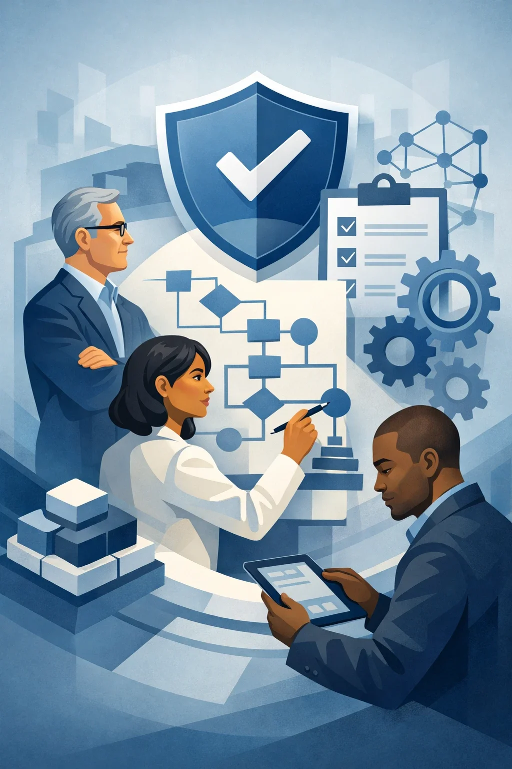 Digital illustration of consultants analyzing a security process diagram with shield, network nodes, and system controls representing ISO 27001 information security management.