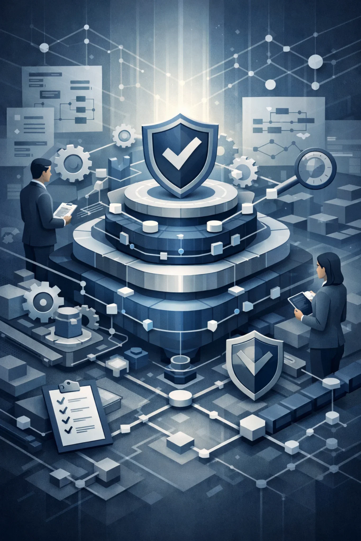 Layered system illustration with interconnected processes, control nodes, and validation elements representing a structured quality management program