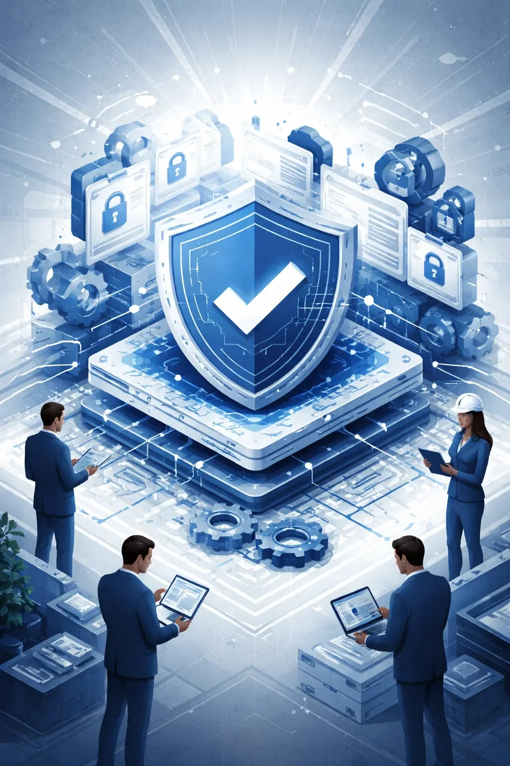 Abstract ITAR compliance system with central shield, layered controls, data flow networks, and structured access boundaries in a secure environment