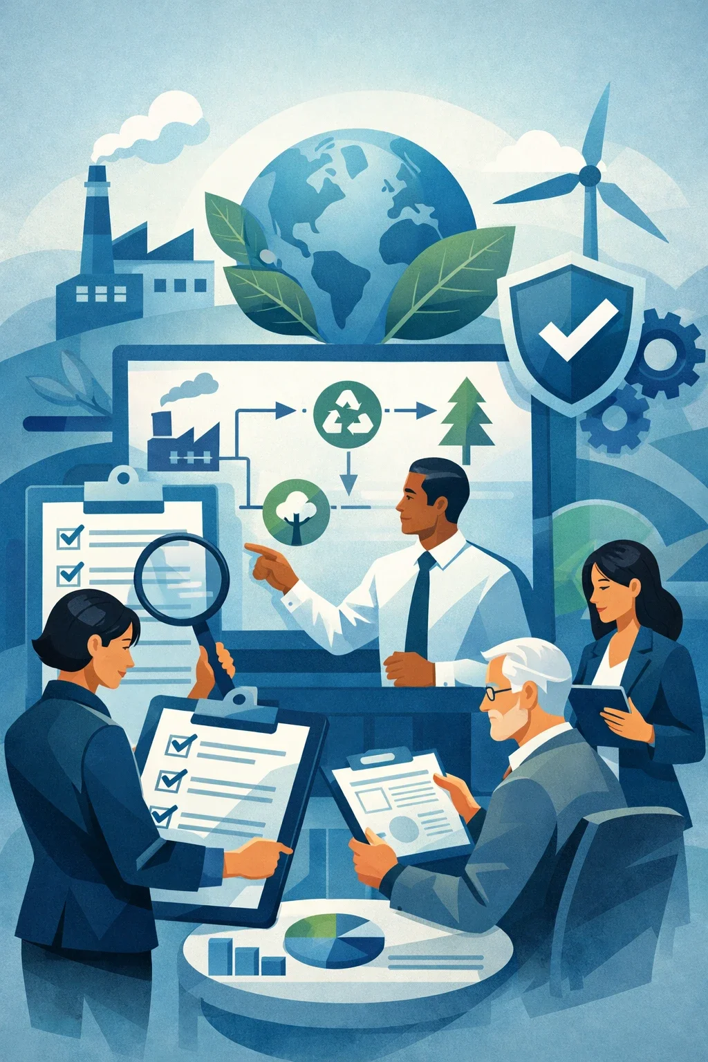 Digital illustration of professionals reviewing environmental management system processes with checklists, factory symbols, and shield validation representing ISO 14001 audit preparation.
