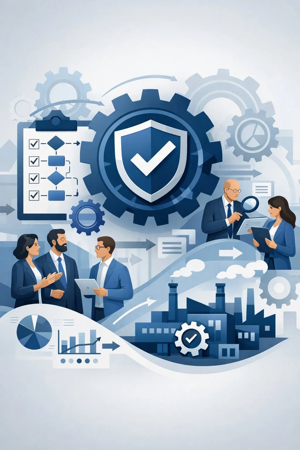 Digital illustration of a shield with checkmark inside interlocking gears, structured workflow symbols, and professionals reviewing processes representing an ISO 9001 quality management system.