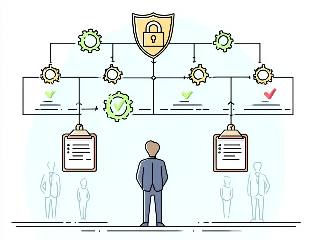 Illustrated diagram of an AI management system framework with a central security shield, interconnected gears, process control panels, and audit clipboards representing structured ISO 42001 governance.