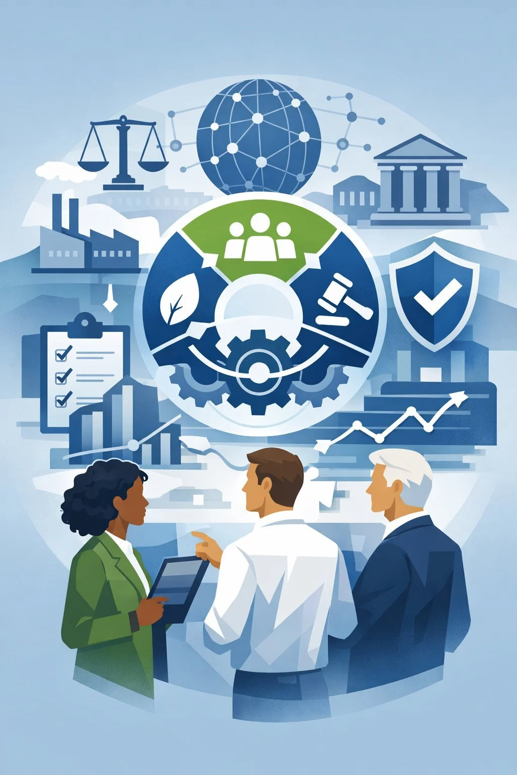 Digital illustration of diverse executives reviewing ESG implementation framework with governance, environmental, and risk management symbols in a structured systems layout.