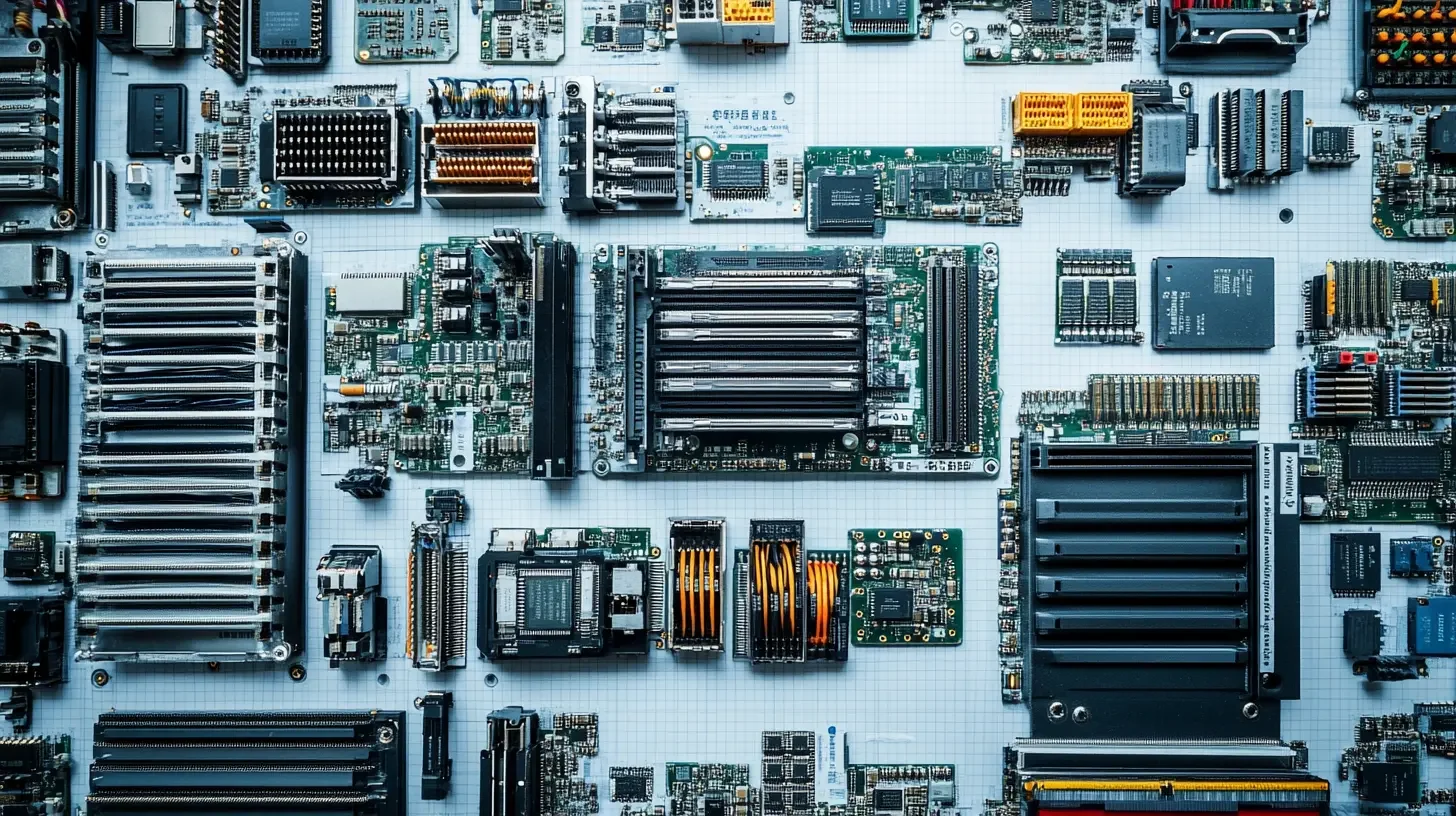 Enterprise server and circuit board components arranged on a technical grid, representing information security and management systems for software and technology organizations