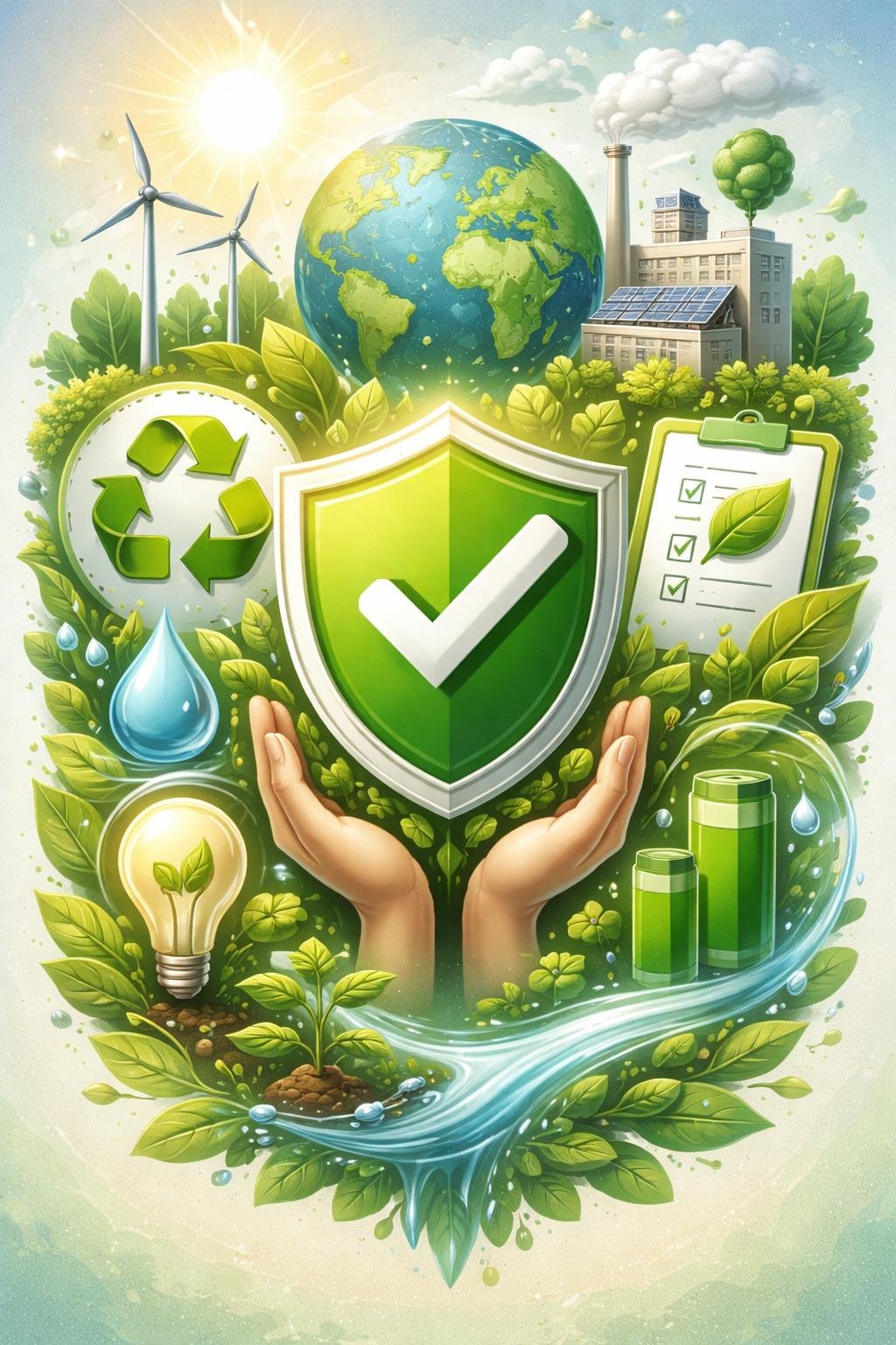 Abstract green environmental compliance illustration featuring a shield with check mark held by hands, surrounded by leaves, water, renewable energy symbols, globe, recycling arrows, and sustainable industry elements in a vertical portrait layout.