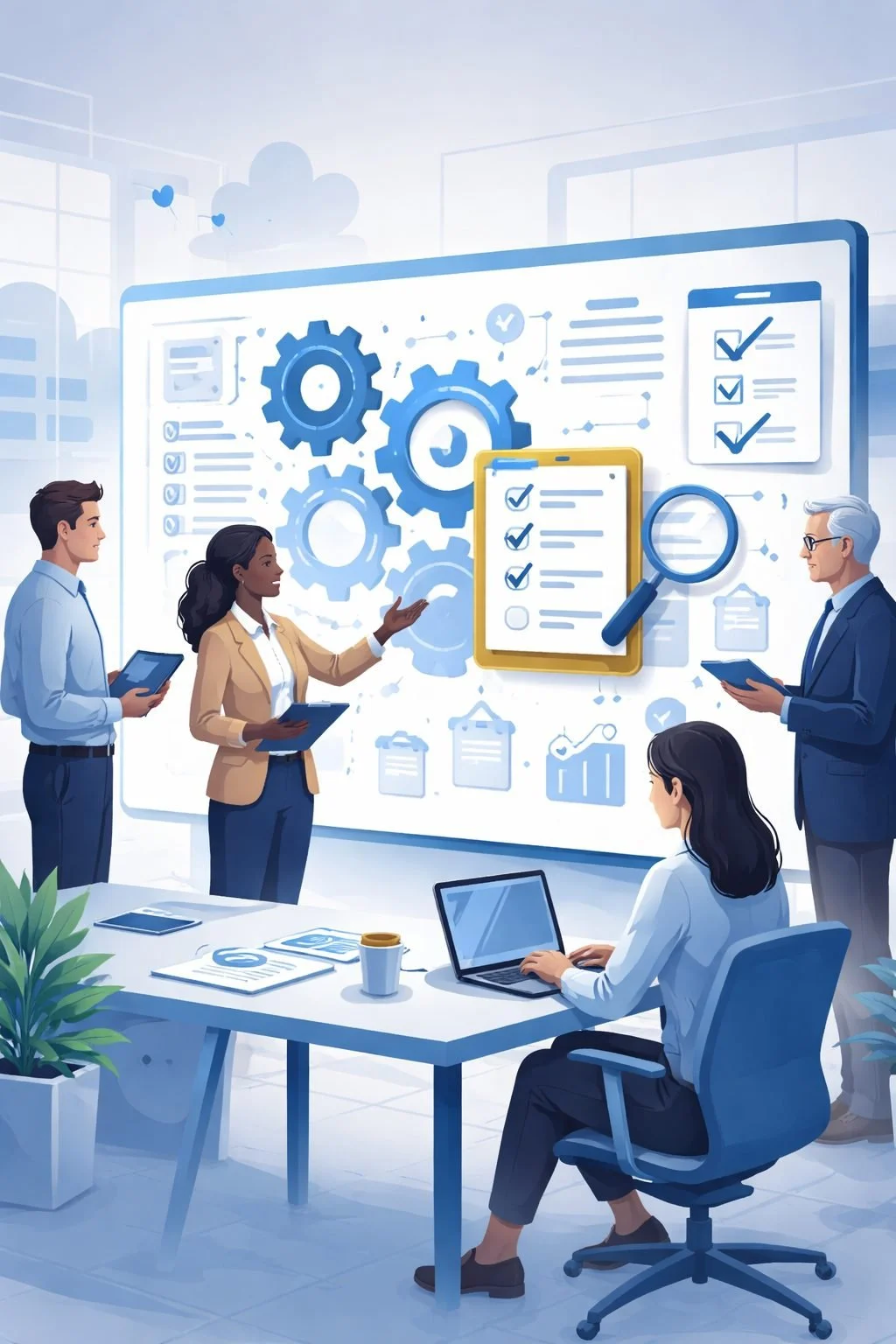 Digital illustration of professionals reviewing a structured quality process board with gears and checklist icons representing training courses for ISO 9001 and quality management development.