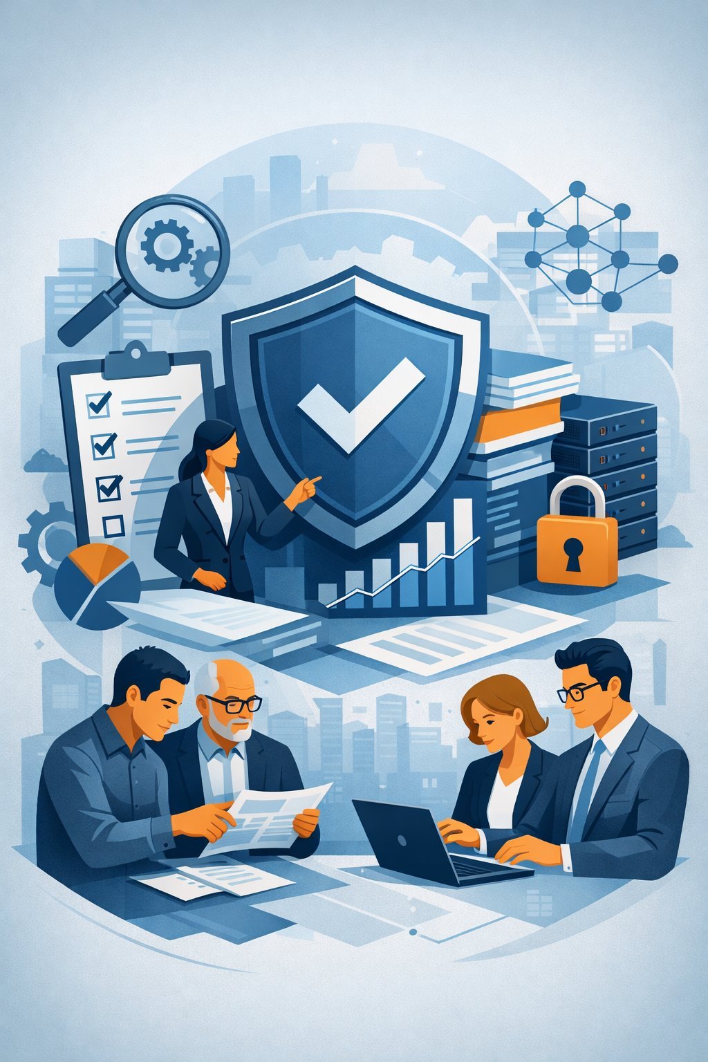 Digital illustration of a shield with checkmark, security lock, and professionals reviewing documents representing ISO 27001 certification cost and information security governance.
