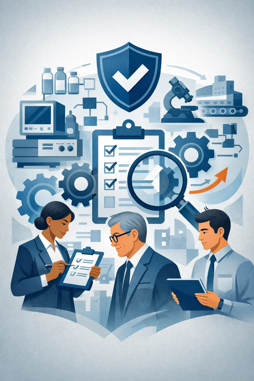 Digital illustration of auditors reviewing a checklist with medical manufacturing symbols, shield validation icon, and process gears representing ISO 13485 lead auditor training and medical device QMS auditing.