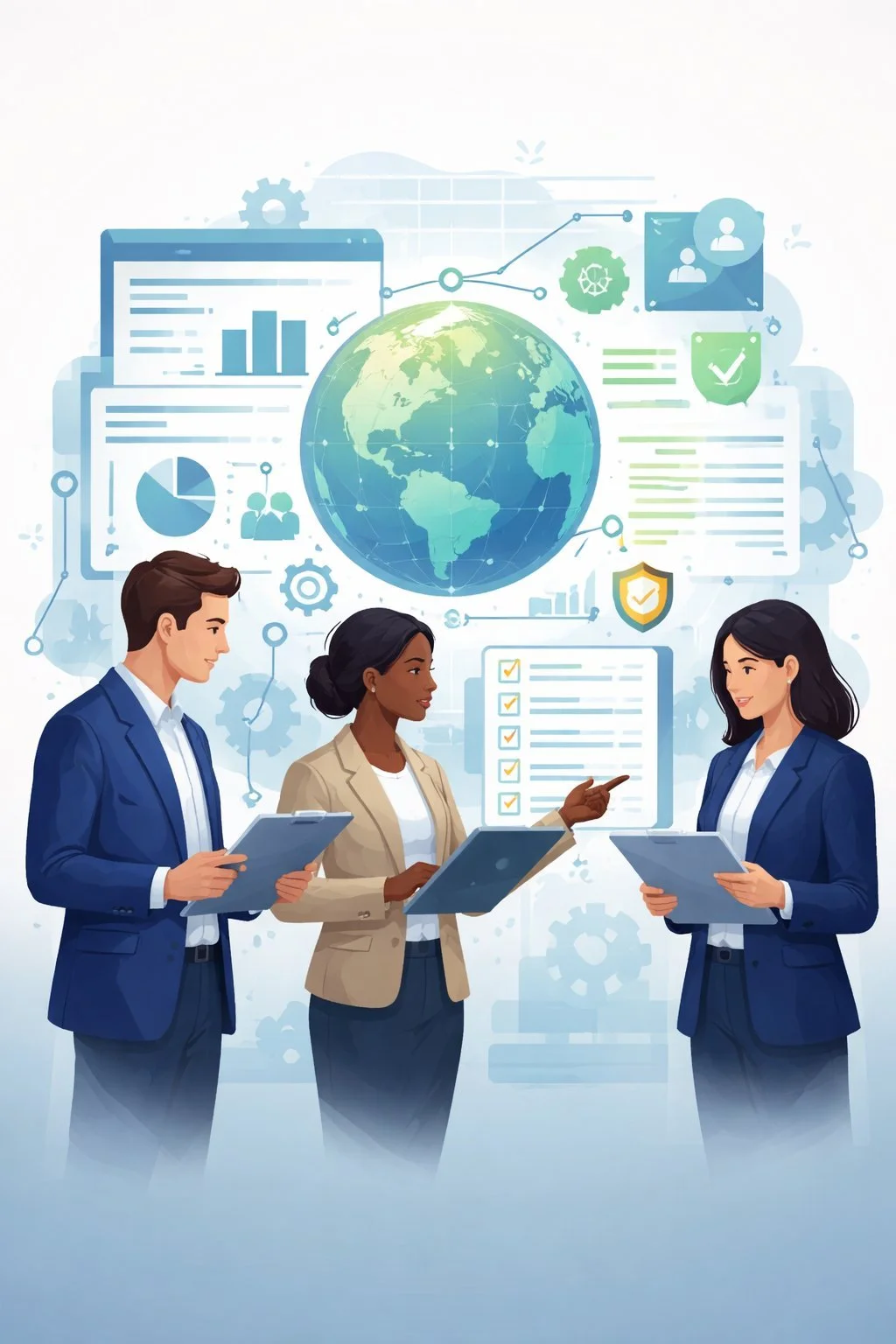 Digital illustration of diverse professionals reviewing ESG dashboards with structured controls and governance visuals for GRI disclosure guidelines reporting.