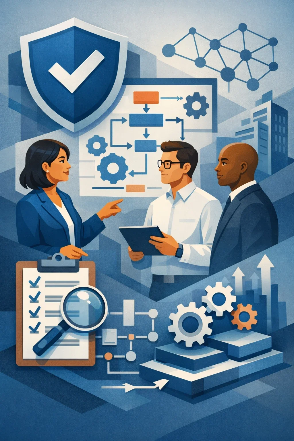 Digital illustration of professionals reviewing a privacy governance workflow with shield, network nodes, gears, and checklist symbols representing data privacy compliance systems.