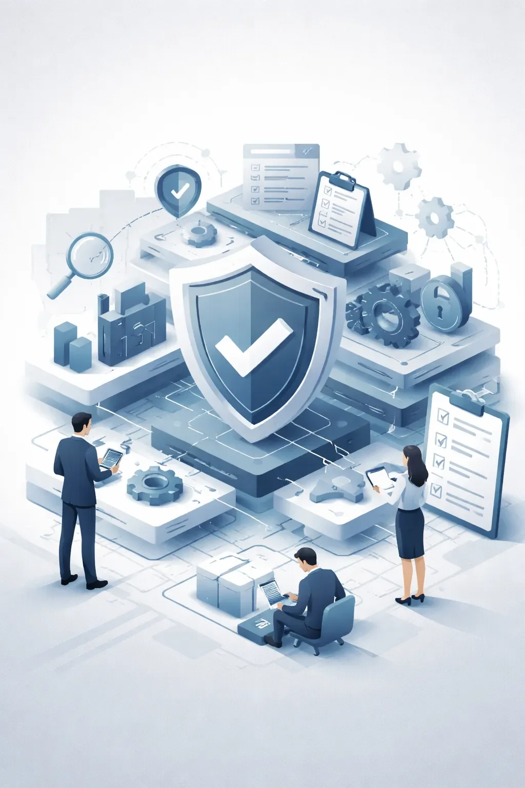 Layered compliance system with shield, gears, and audit elements showing structured controls, validation, and interconnected governance processes