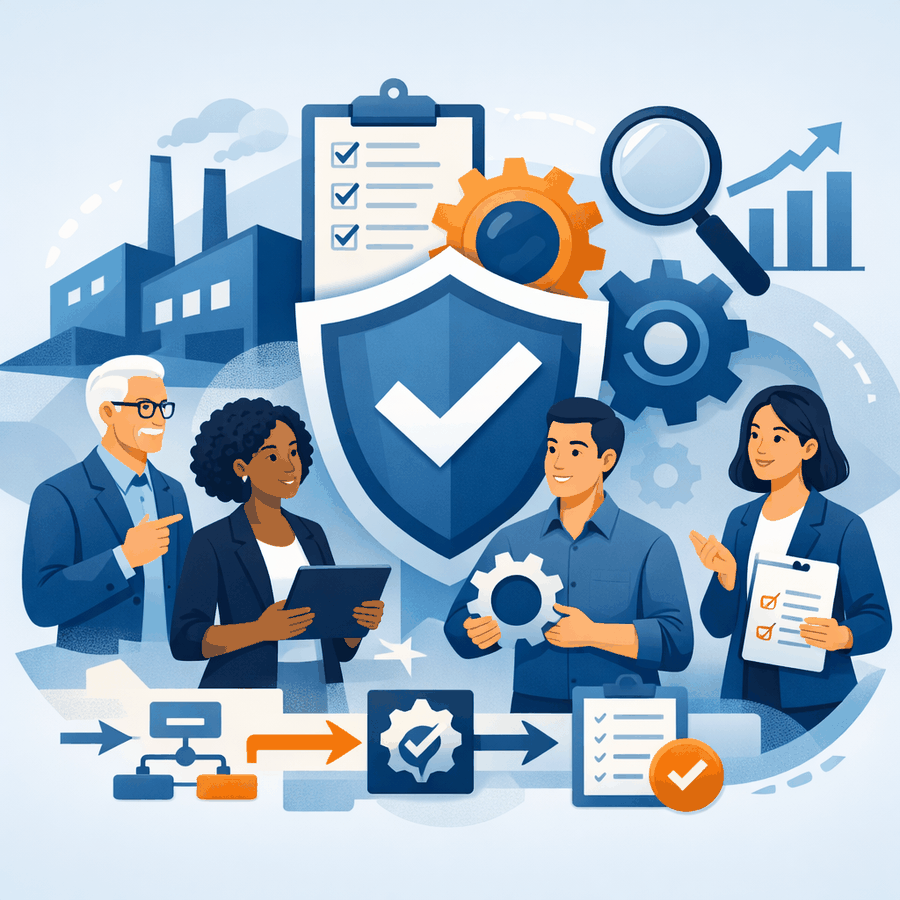 ISO 9001 certification criteria illustration showing diverse professionals reviewing quality management processes with shield checkmark, factory, gears, and audit symbols representing compliance and system control.