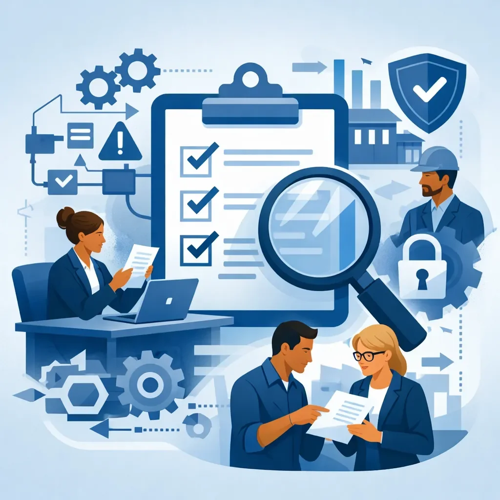 Digital illustration of professionals reviewing a clipboard checklist with magnifying glass, gears, and process flows representing requirements for internal auditor evaluation and system auditing.