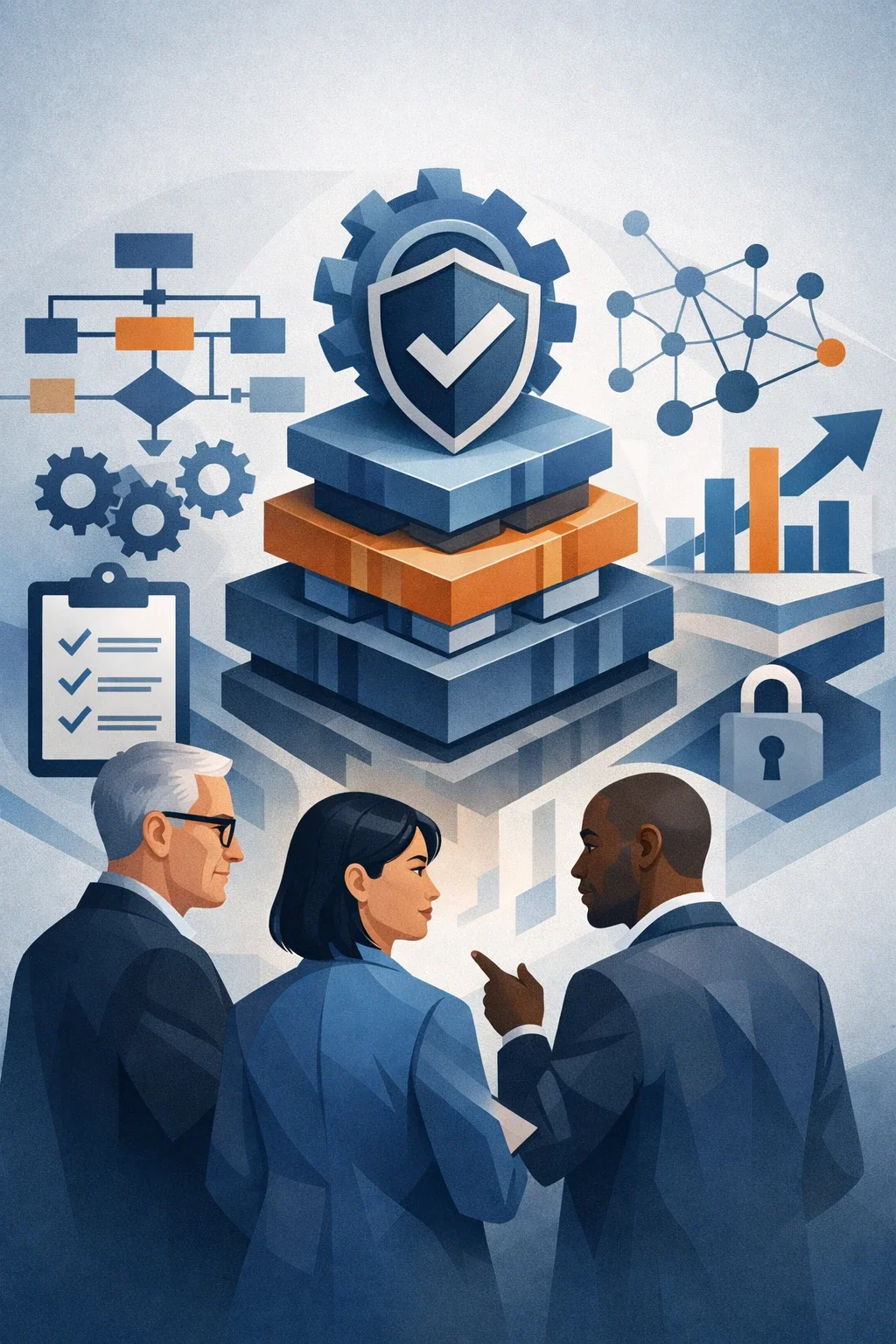 Digital illustration of structured AI governance layers with shield, gears, network nodes, and diverse professionals representing ISO 42001 for small business AI management systems.