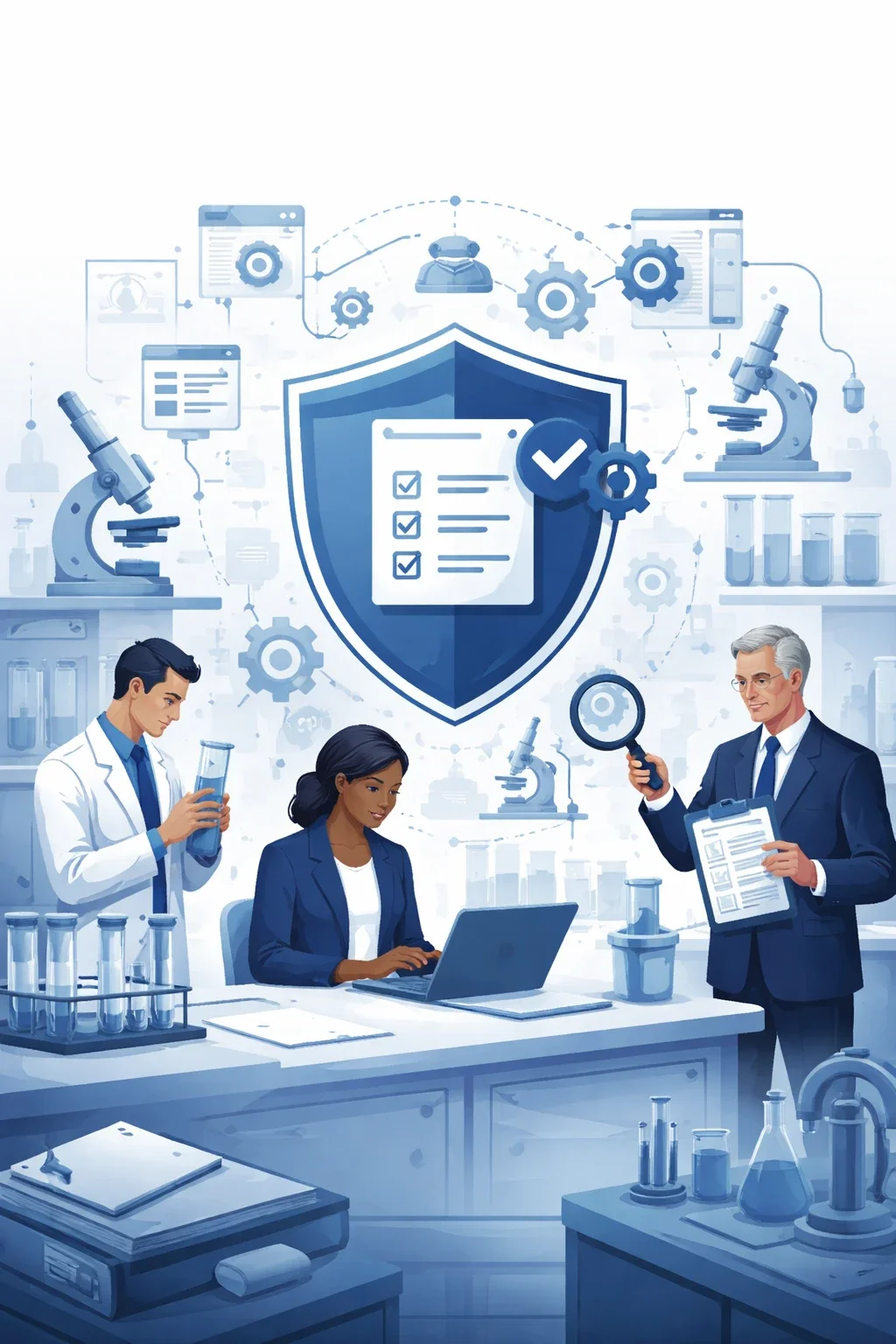 Digital illustration of laboratory professionals reviewing test results with microscopes, lab equipment, and a shield checklist symbolizing ISO 17025 testing lab compliance and accredited laboratory quality systems.