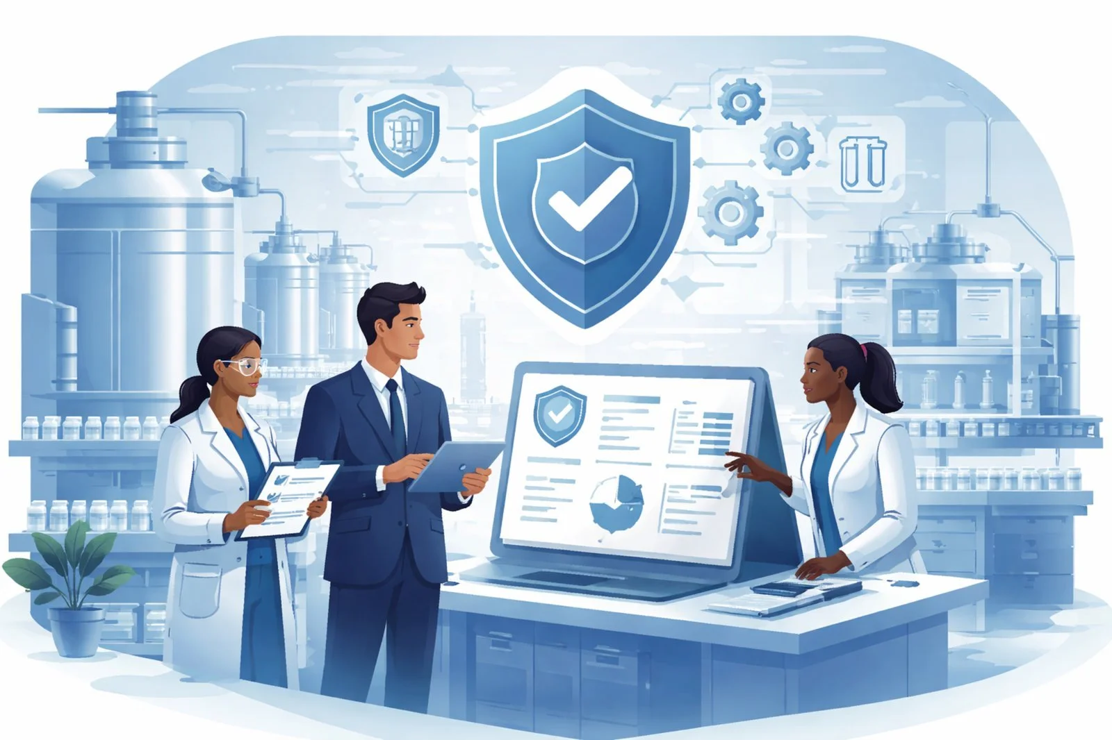 Digital illustration of diverse pharmaceutical professionals reviewing manufacturing controls beneath a structured shield symbolizing Pharmaceutical GMP Compliance.