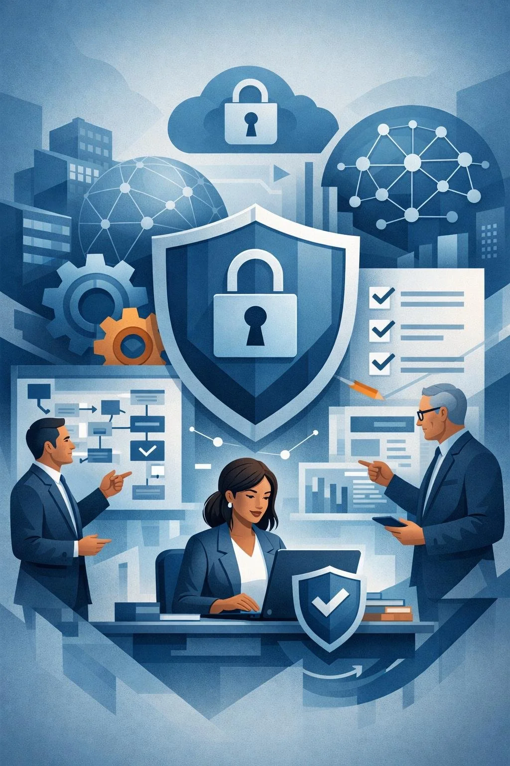 Digital illustration of security shields, network nodes, and consulting professionals representing ISO 27001 compliance software and structured information security governance.