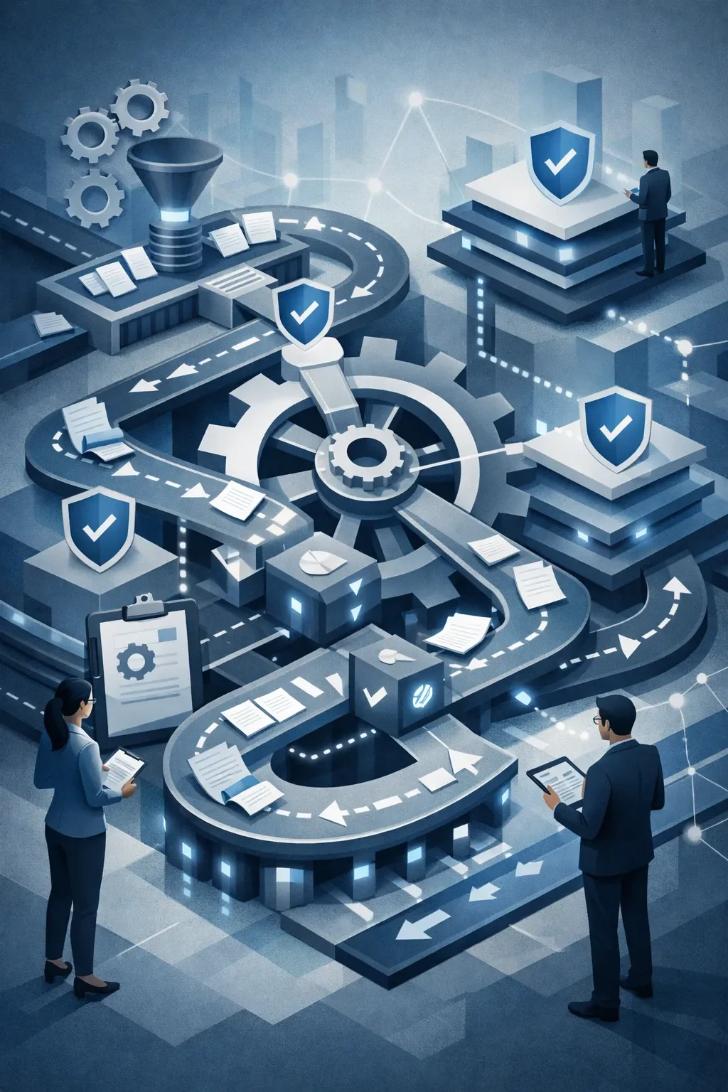 Abstract workflow system with interconnected gears, structured pathways, and control nodes illustrating optimized process flow and operational clarity.