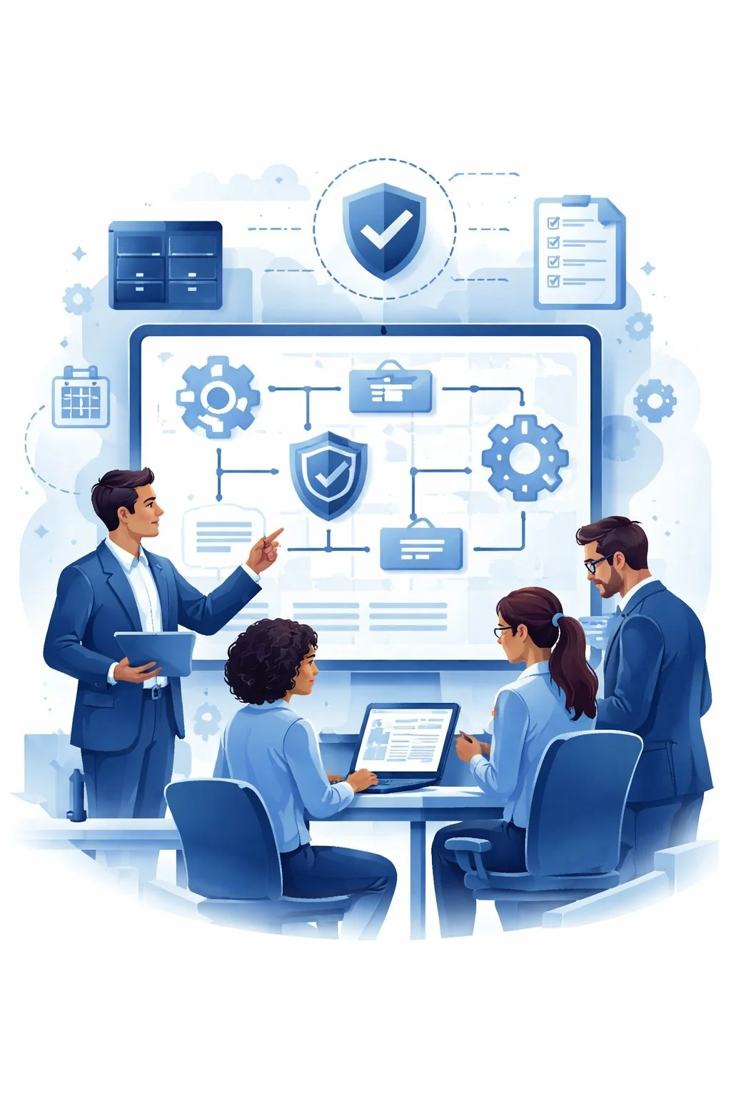 Digital illustration of IT professionals reviewing structured service workflows on a large screen with shields, gears, and process diagrams representing IT Service Management consulting and ISO 20000 service governance.
