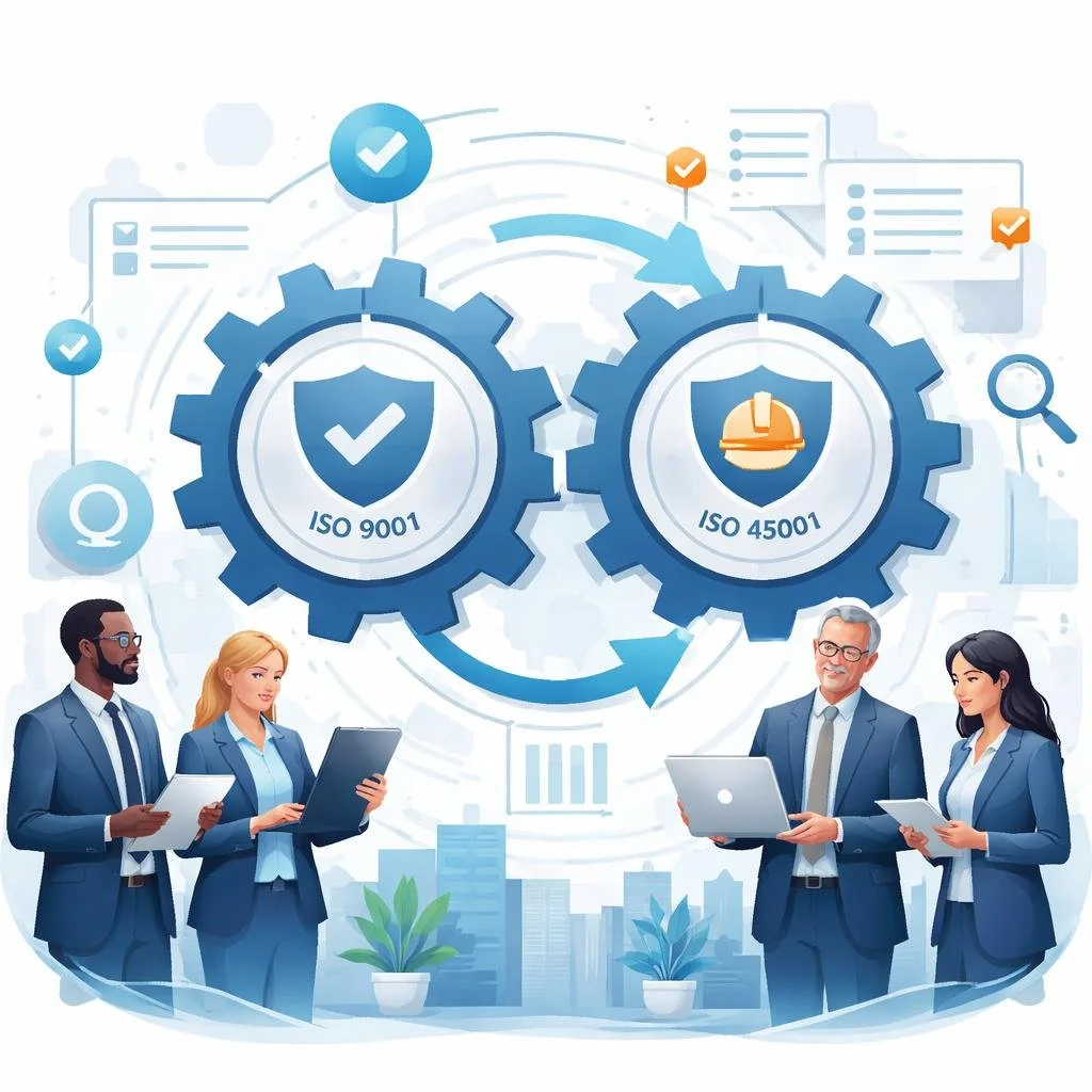Digital illustration of integrated management system gears, shield validation symbols, and diverse professionals reviewing processes representing ISO 9001 and ISO 45001 integration.