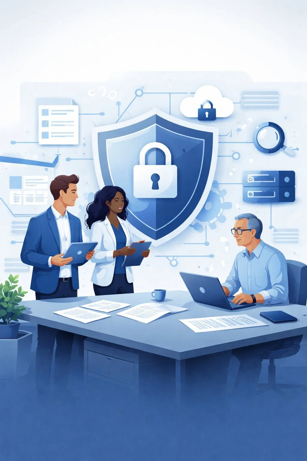 Digital illustration of diverse professionals reviewing structured documents beneath a shield and lock symbolizing GDPR compliance consulting and data protection governance.