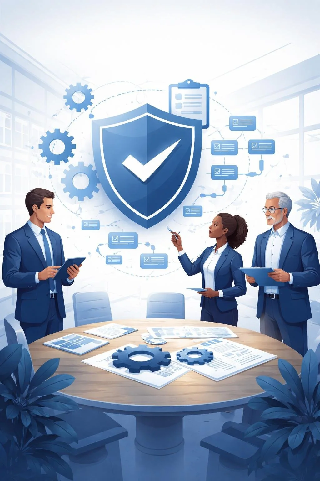 Digital illustration of professionals reviewing a structured quality management process with shield and checklist symbols representing the process for ISO 9001 certification.