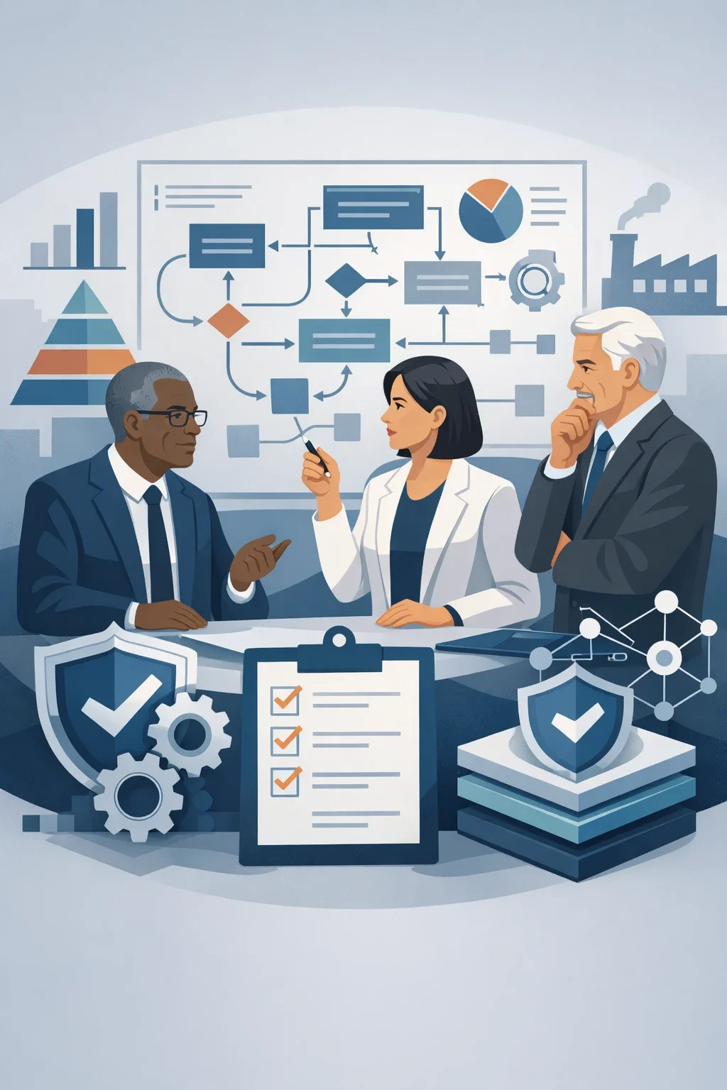 Digital illustration of consulting professionals analyzing a structured security process with shields, checklist, and system flow diagrams representing the FedRAMP authorization process.