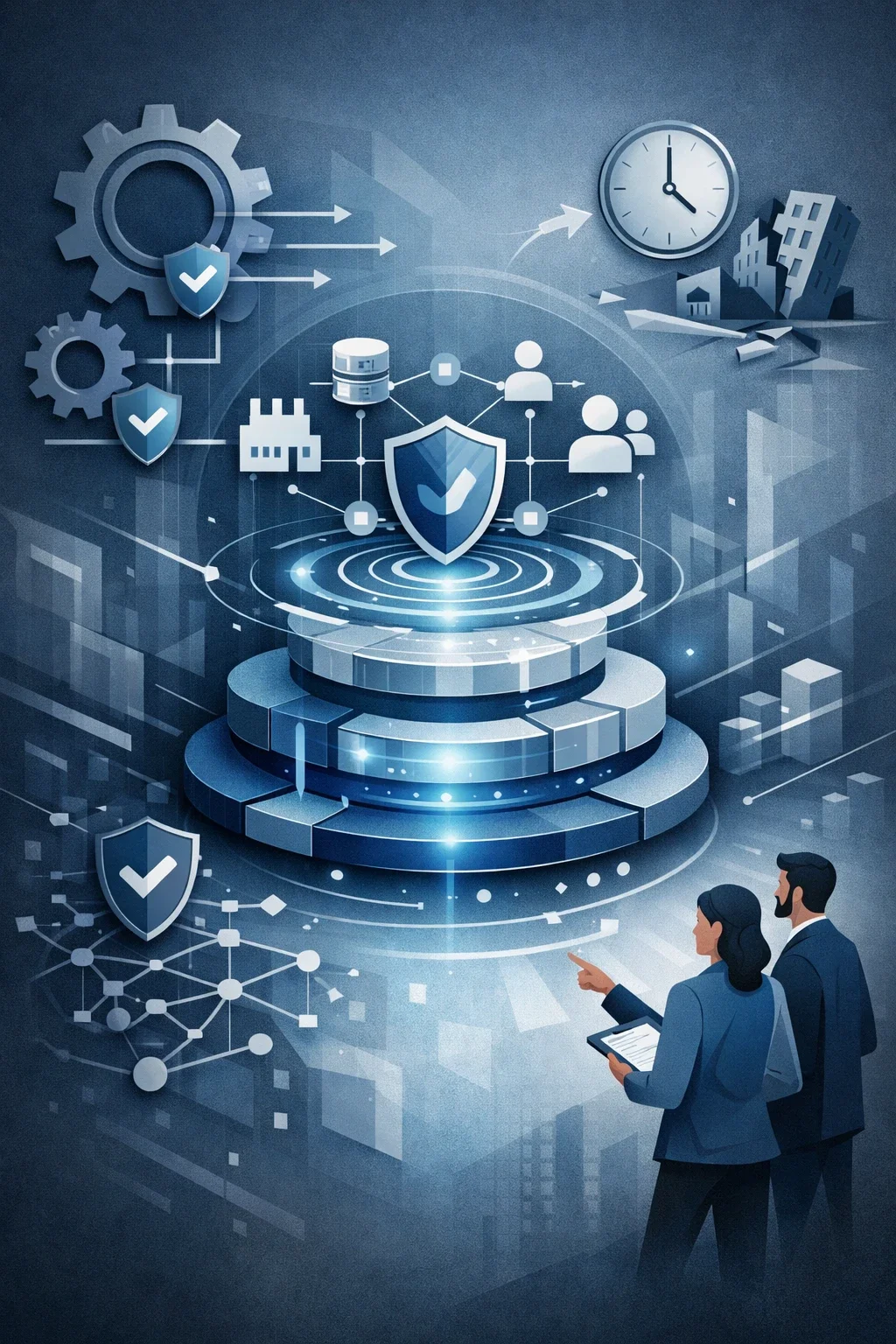 Abstract digital illustration of layered business systems analyzing operational impact, with interconnected processes, protection elements, and time-based disruption flow.
