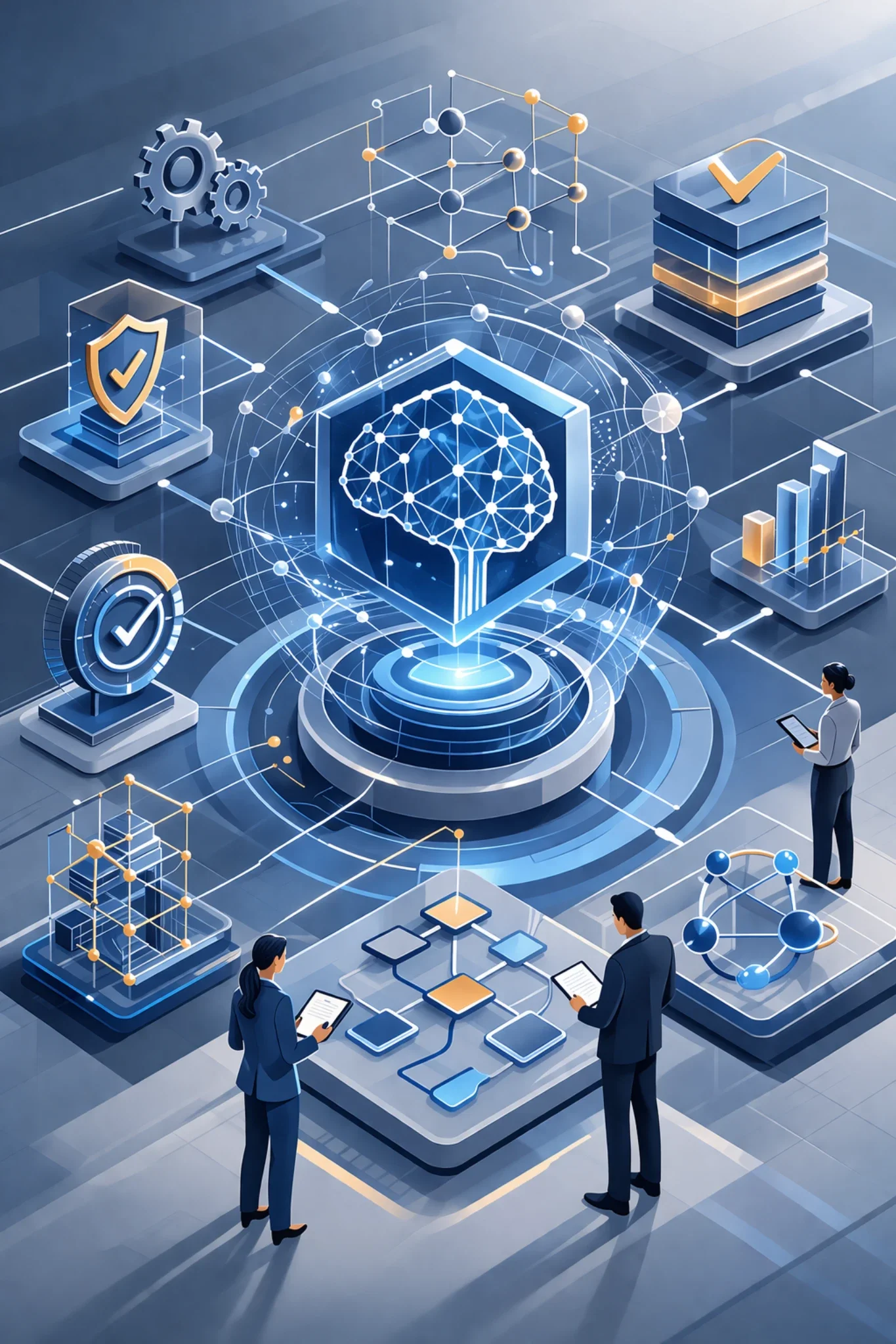 Structured AI governance system with interconnected controls, layered validation elements, and monitoring processes representing ISO 42001 certification framework