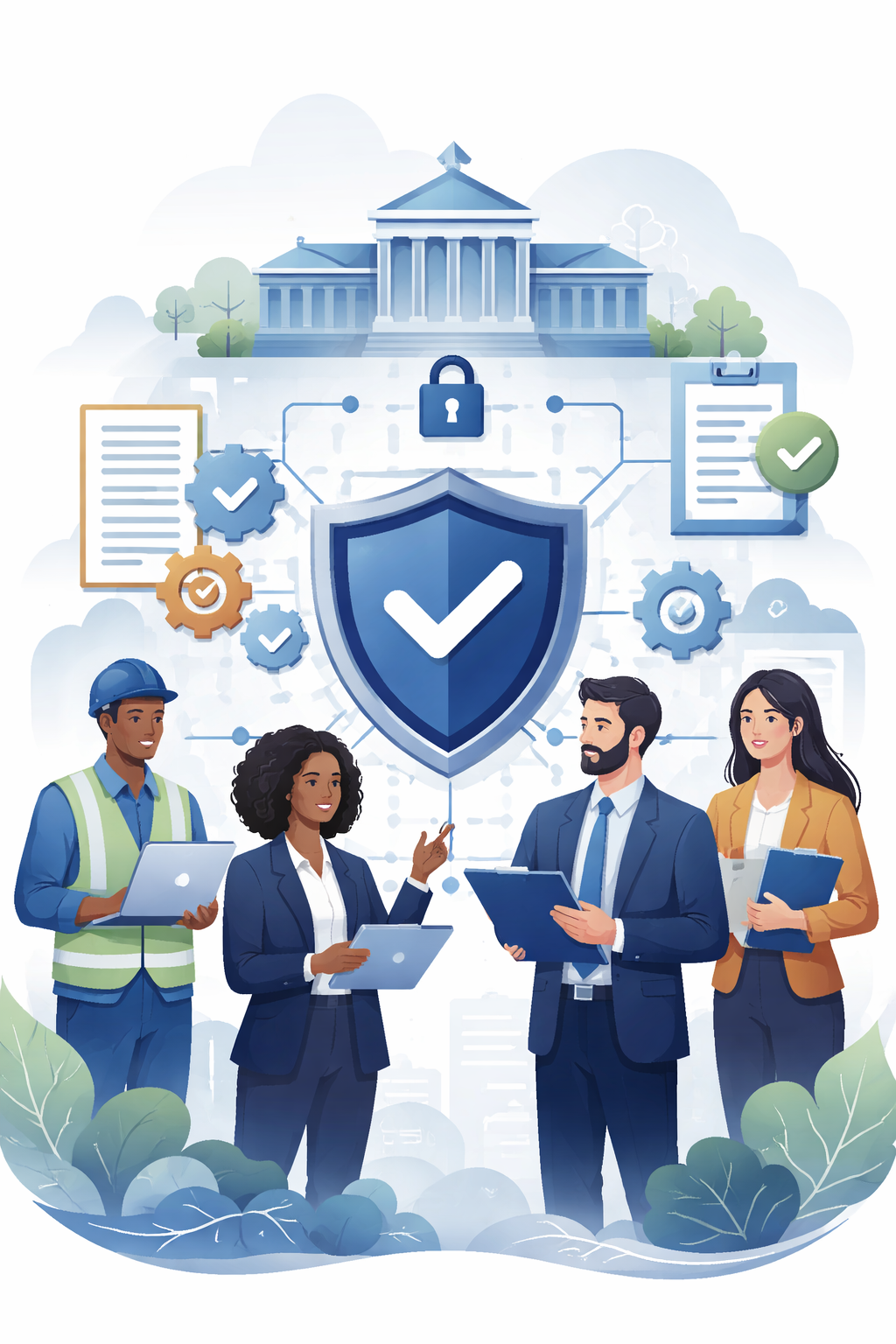 Diverse group of professionals reviewing compliance documents beneath a shield with checkmark symbol, government building, security lock, and structured workflow icons representing government contracting certifications and federal compliance systems.