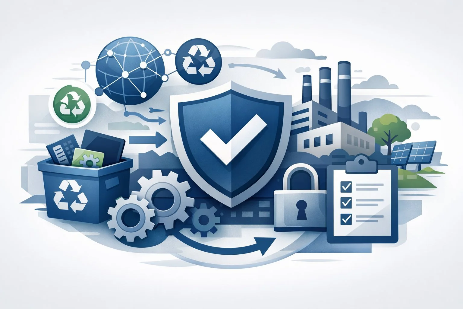Digital illustration of shield, recycling system, factory, lock, and checklist symbolizing e-Stewards certification and structured electronics recycling compliance.