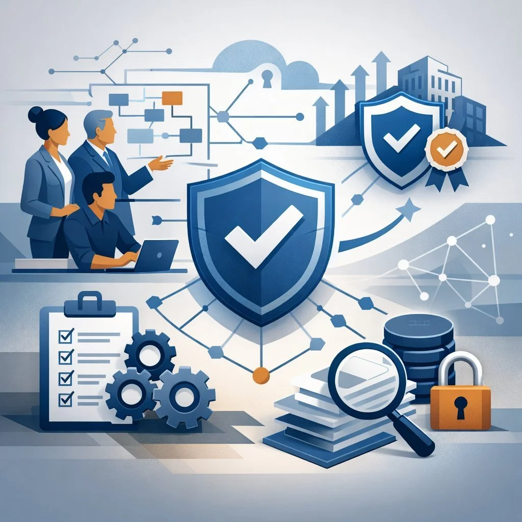 Digital illustration of consultants reviewing a structured security framework with shield, network nodes, checklist, and lock symbols representing ISO 27001 consulting services and information security governance.