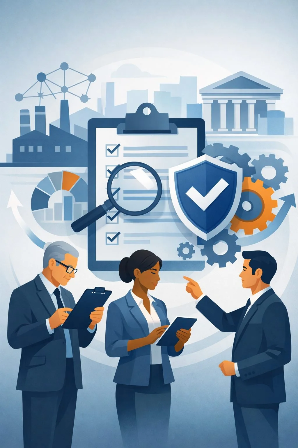 Digital illustration of auditors reviewing a clipboard and shield with checkmark, representing an ISO 9001 surveillance audit and quality management system oversight.